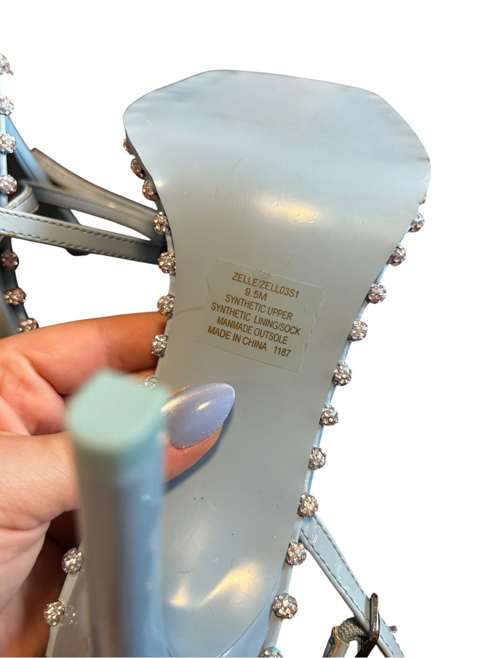 Steve Madden Zelle Light Blue Patent Rhinestone Ankle Wrap Heels Size 9.5 - Picture 4 of 4